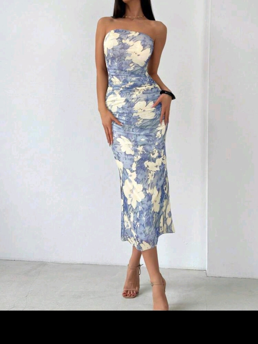 Fireerie Blue & Cream Floral Ruched Strapless Midi.